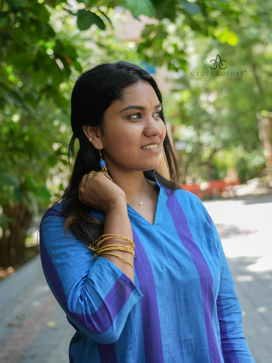 Blue & Royal Blue Striped Princess-Cut A-Line Kurti | 100% Handloom Cotton | 3/4 Sleeves