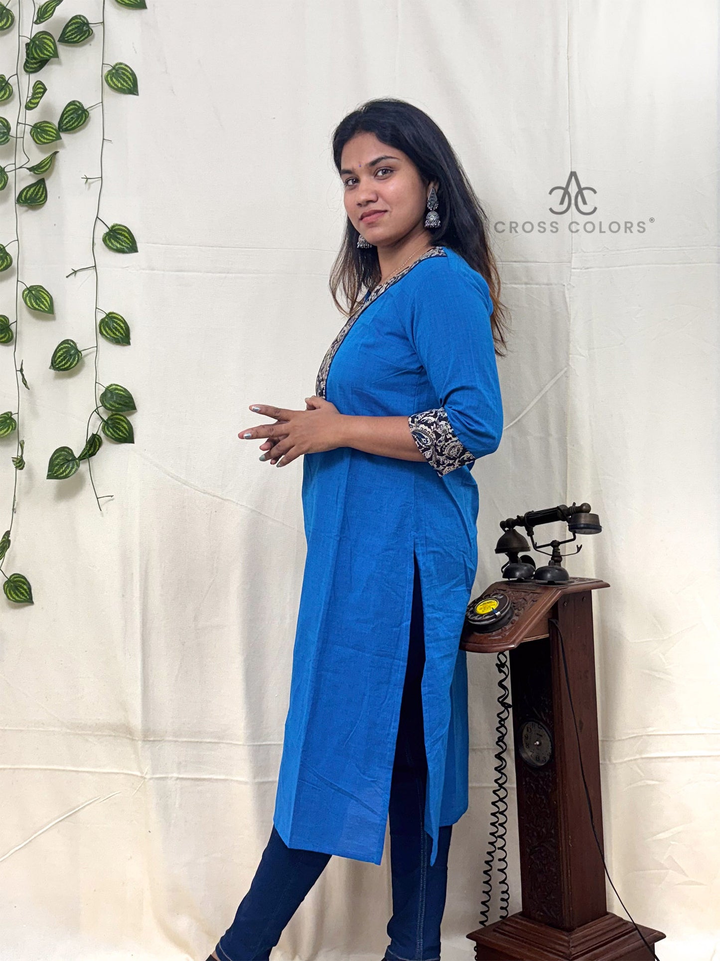 Blue Straight Kurti with Kalamkari Patch | 100% Cotton | 3/4 Sleeves