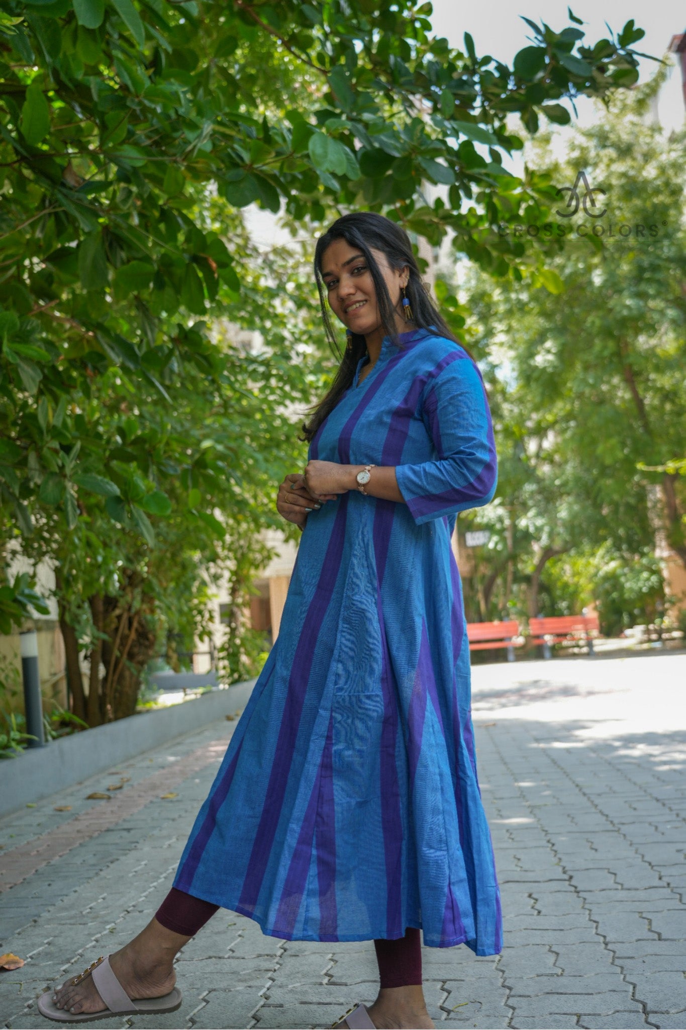 Blue & Royal Blue Striped Princess-Cut A-Line Kurti | 100% Handloom Cotton | 3/4 Sleeves