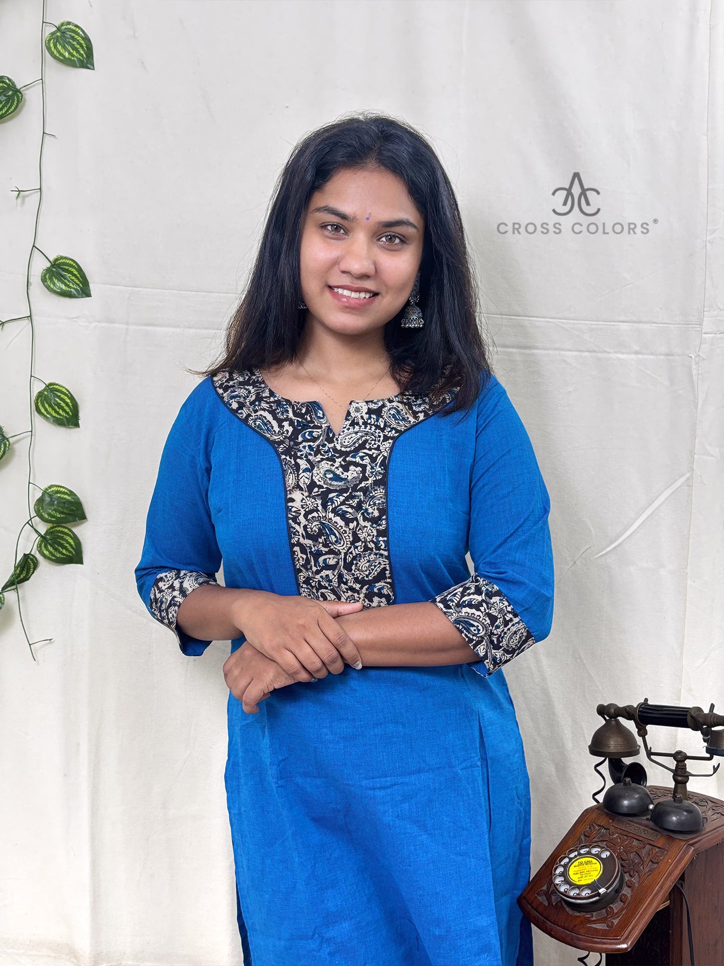 Blue Straight Kurti with Kalamkari Patch | 100% Cotton | 3/4 Sleeves