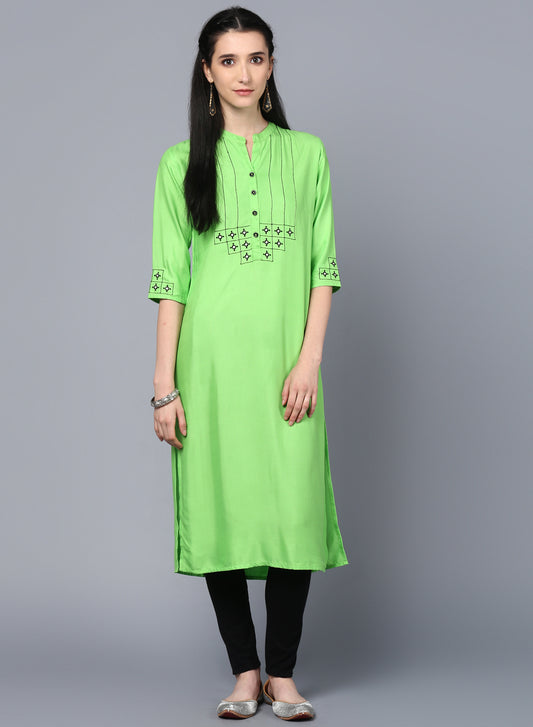 Lime Green Rayon Embroidered Straight Kurta