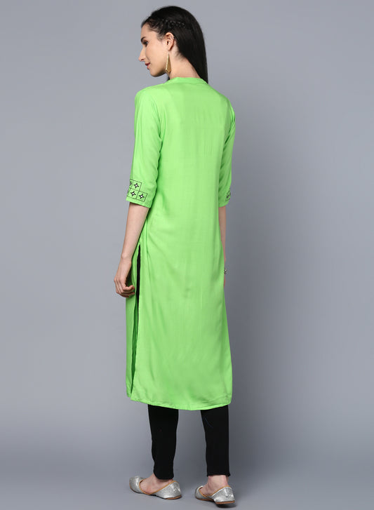 Lime Green Rayon Embroidered Straight Kurta