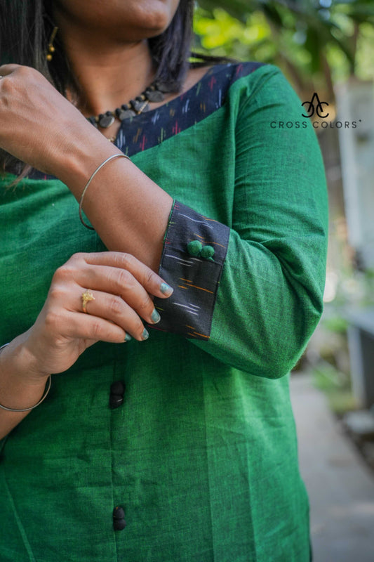 Gray Straight Kurti with Ikat Patch Design | 100% Cotton | 3/4 Sleeves