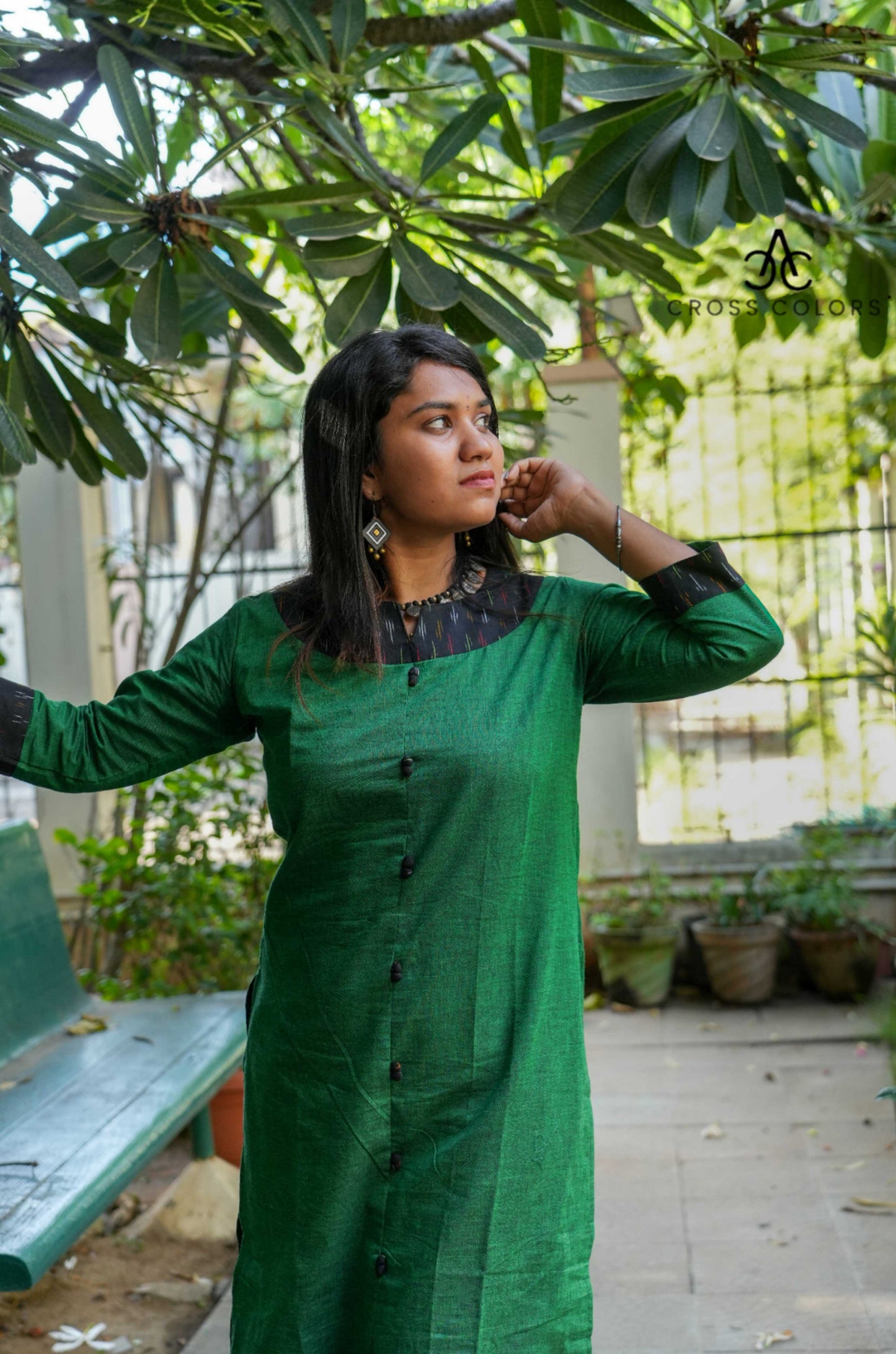 Gray Straight Kurti with Ikat Patch Design | 100% Cotton | 3/4 Sleeves