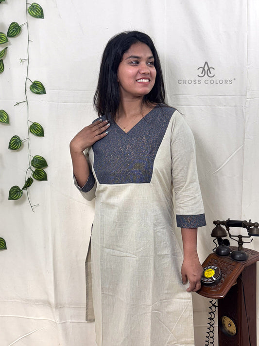 Light Beige Straight Kurti with Zari Patch | 100% Cotton | 3/4 Sleeves