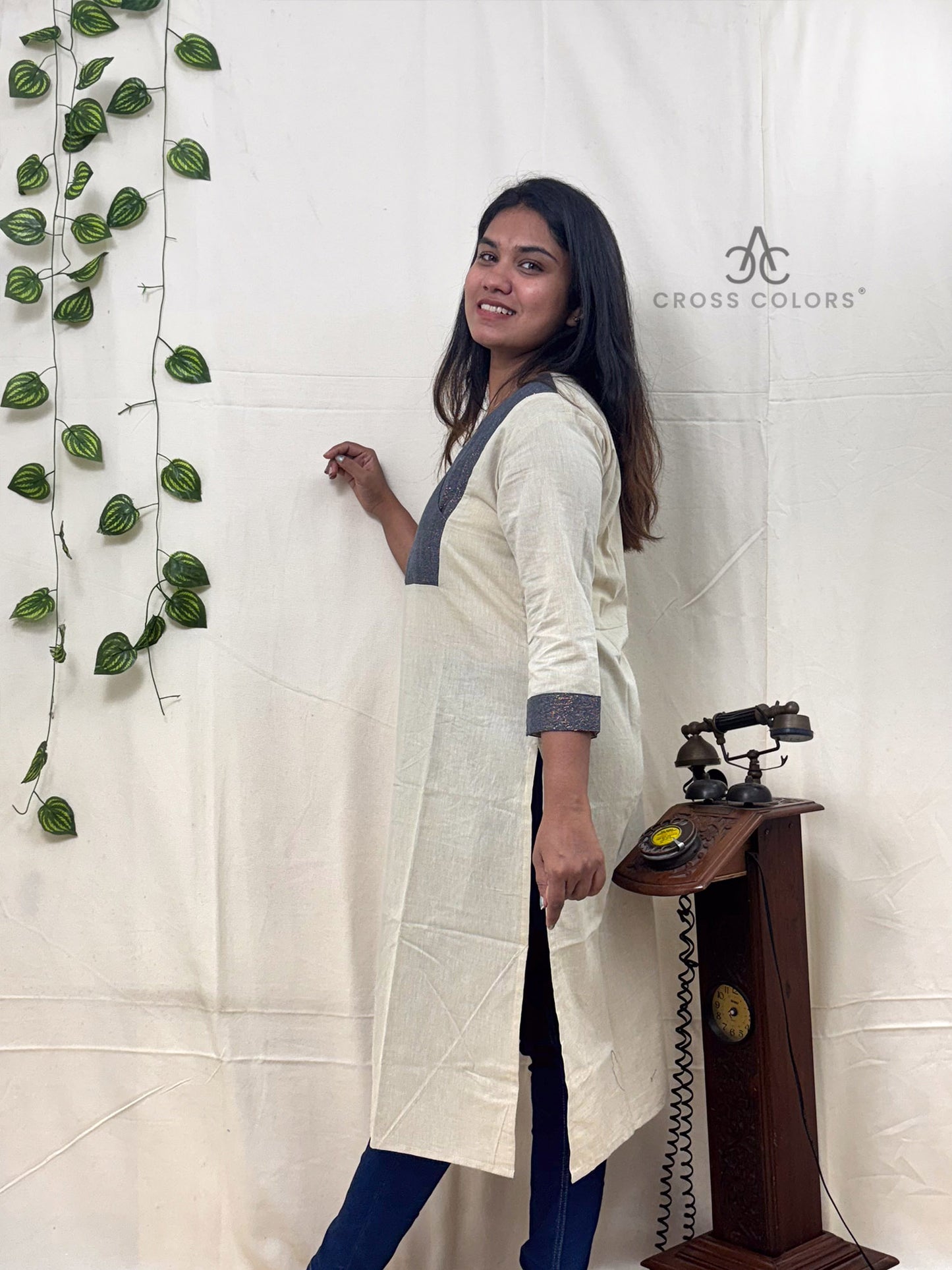 Light Beige Straight Kurti with Zari Patch | 100% Cotton | 3/4 Sleeves