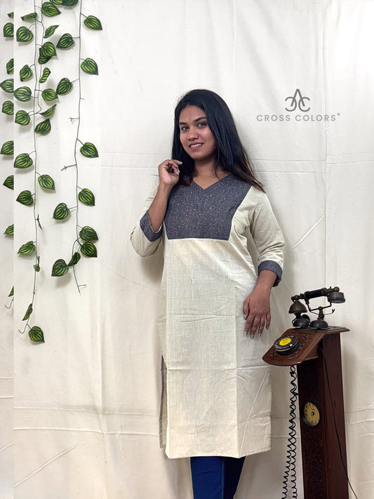 Light Beige Straight Kurti with Zari Patch | 100% Cotton | 3/4 Sleeves