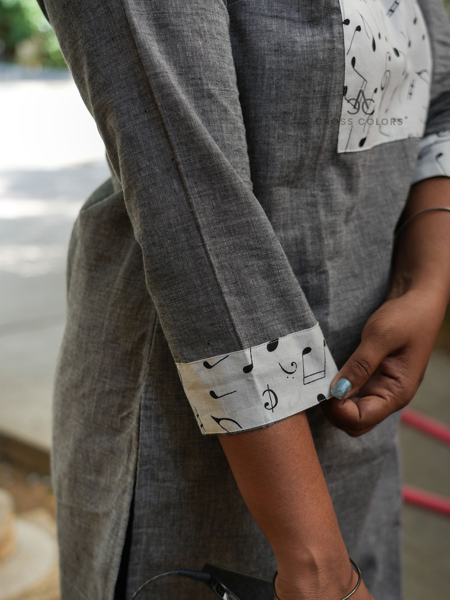 Gray Straight Kurti with Musical Print Patch | 100% Cotton | 3/4 Sleeves