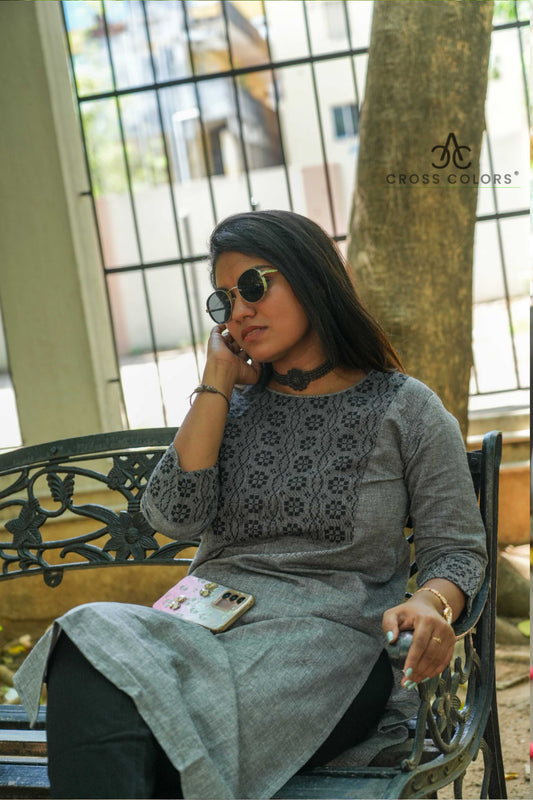 Gray Straight Kurti with Dabby Design Patch | 100% Cotton | 3/4 Sleeves