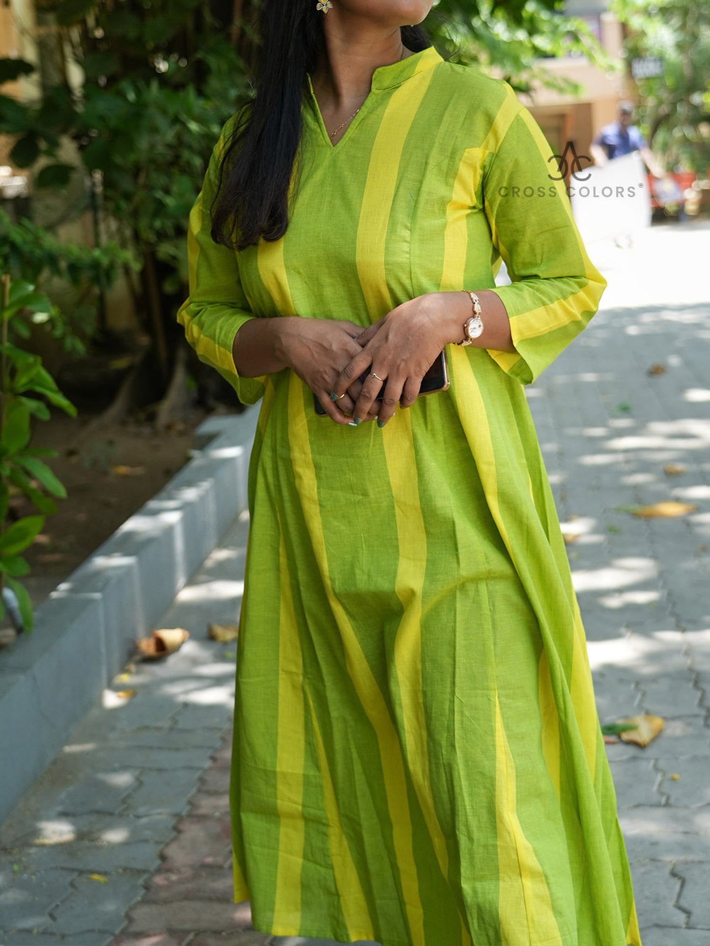 Green & Yellow Striped Princess-Cut A-Line Kurti | 100% Handloom Cotton | 3/4 Sleeves