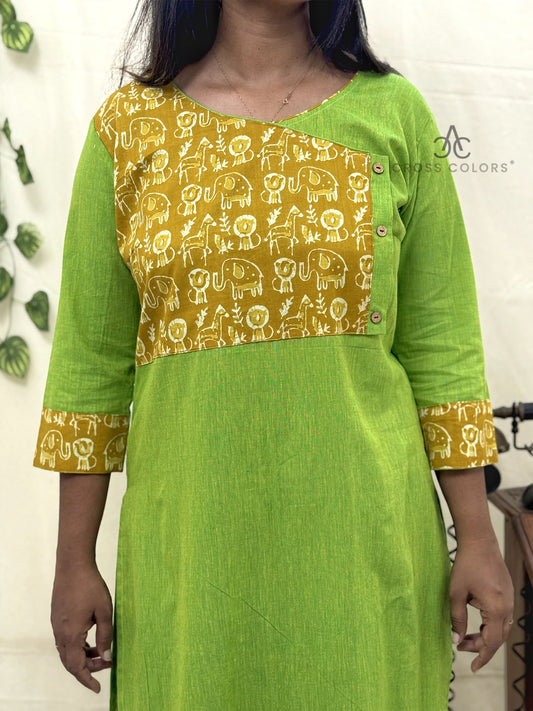 Green Straight Kurti – Yellow Printed Patch Design for Women