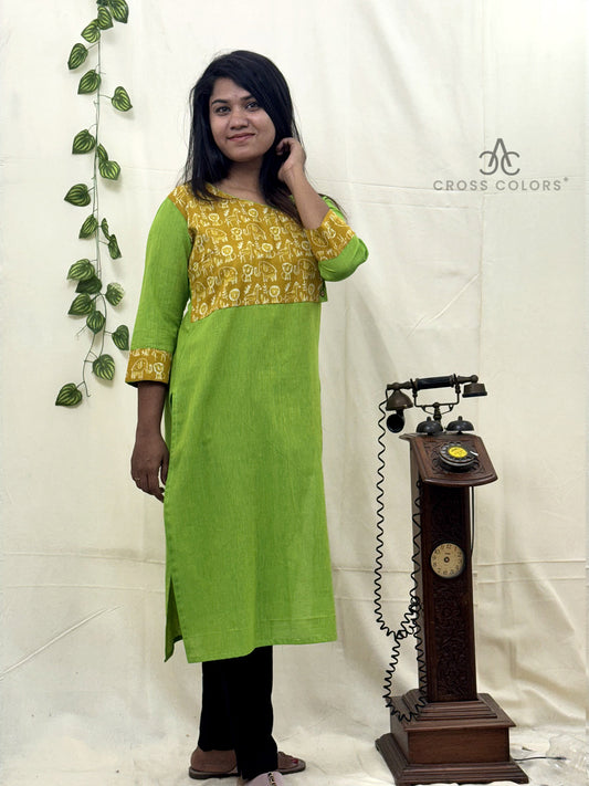 Green Straight Kurti – Yellow Printed Patch Design for Women