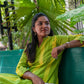 Green & Yellow Striped Princess-Cut A-Line Kurti | 100% Handloom Cotton | 3/4 Sleeves