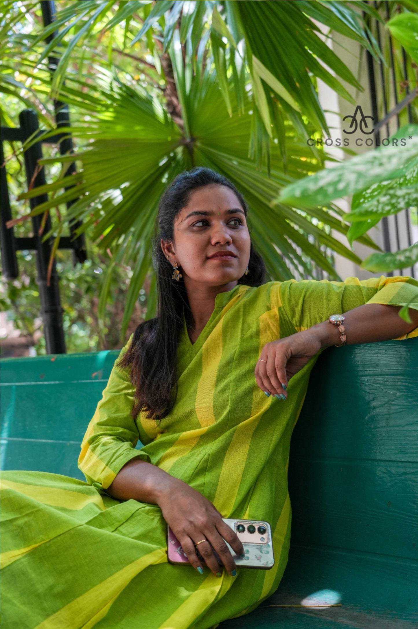Green & Yellow Striped Princess-Cut A-Line Kurti | 100% Handloom Cotton | 3/4 Sleeves