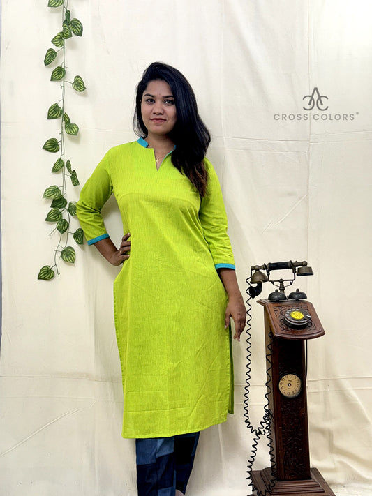 Bright Green Straight Kurti – Semi Chinese Collar with 3/4 Sleeves