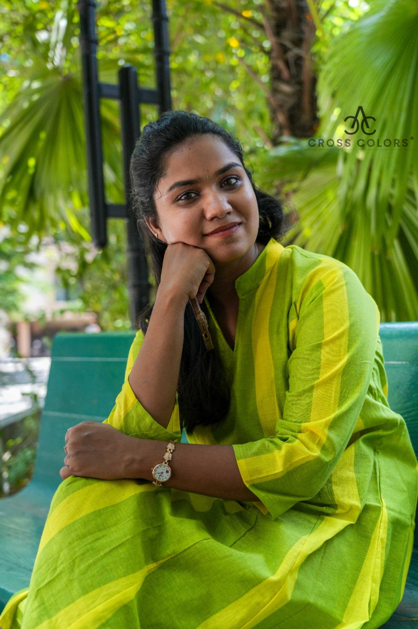 Green & Yellow Striped Princess-Cut A-Line Kurti | 100% Handloom Cotton | 3/4 Sleeves