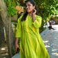 Green & Yellow Striped Princess-Cut A-Line Kurti | 100% Handloom Cotton | 3/4 Sleeves