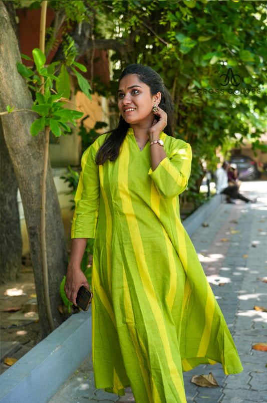 Green & Yellow Striped Princess-Cut A-Line Kurti | 100% Handloom Cotton | 3/4 Sleeves