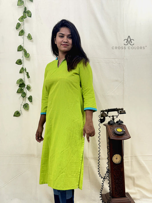 Bright Green Straight Kurti – Semi Chinese Collar with 3/4 Sleeves
