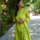 Green & Yellow Striped Princess-Cut A-Line Kurti | 100% Handloom Cotton | 3/4 Sleeves