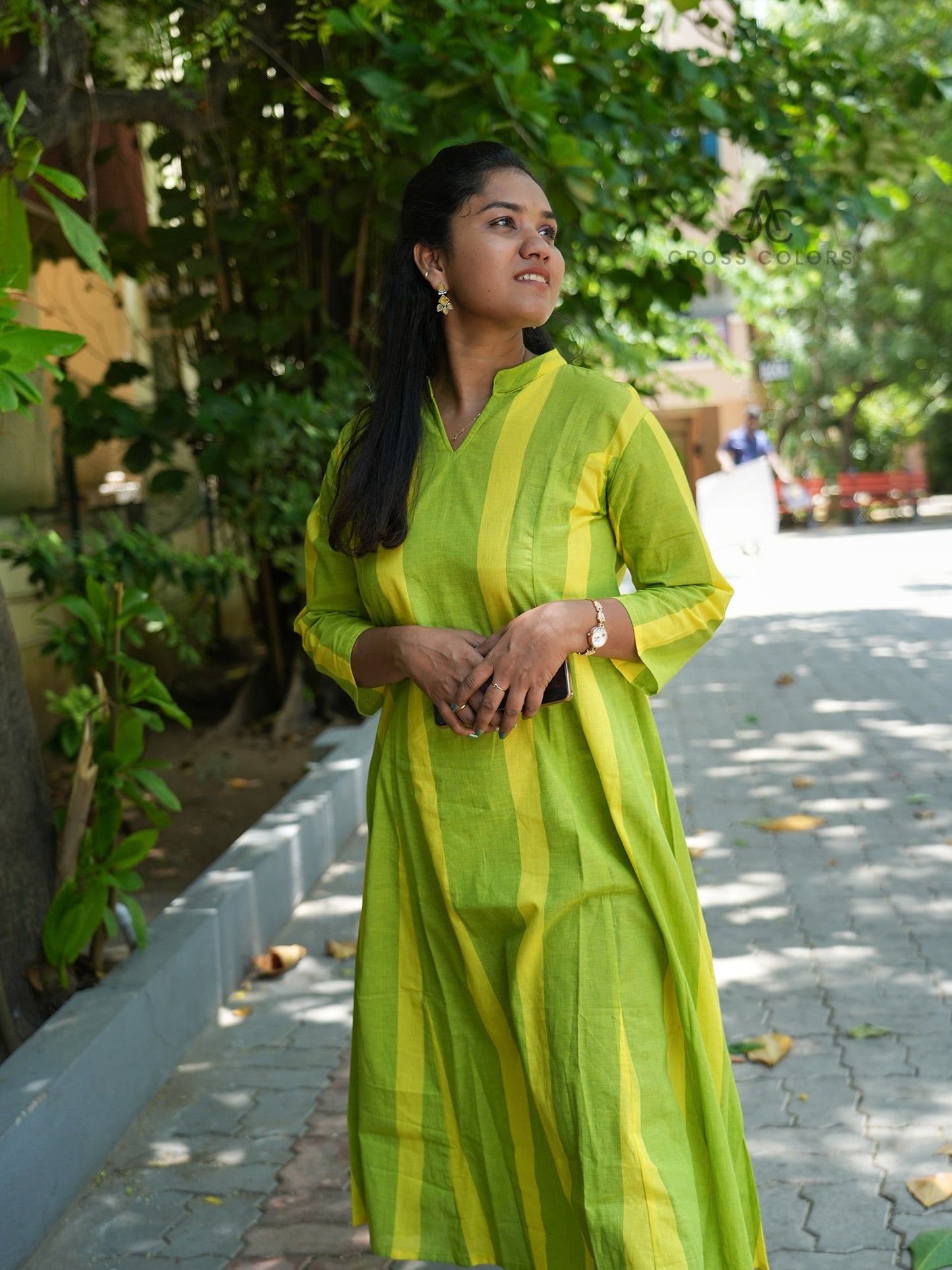 Green & Yellow Striped Princess-Cut A-Line Kurti | 100% Handloom Cotton | 3/4 Sleeves