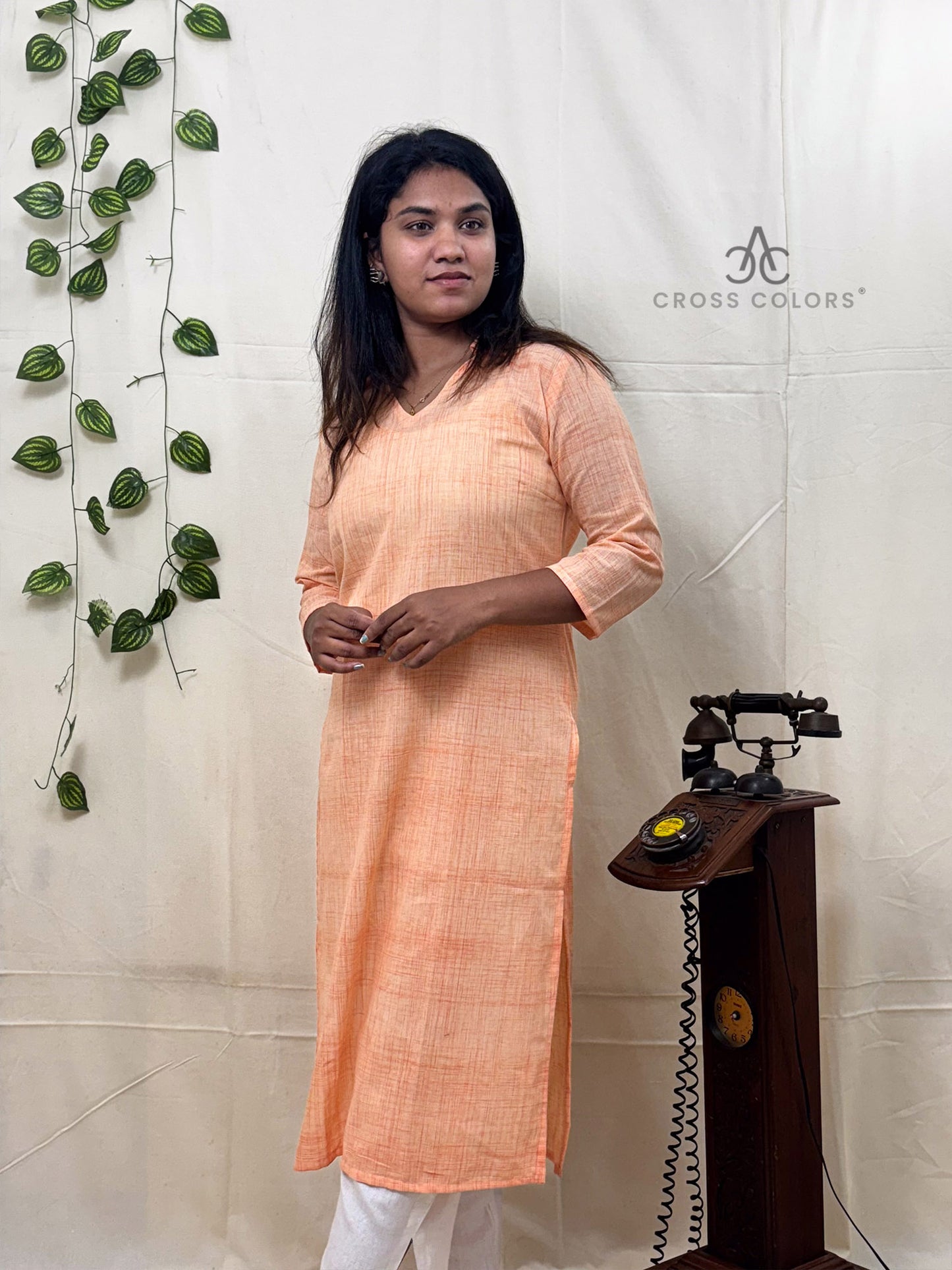 Orange Raindrop Print Straight Kurti | 100% Cotton | 3/4 Sleeve Design