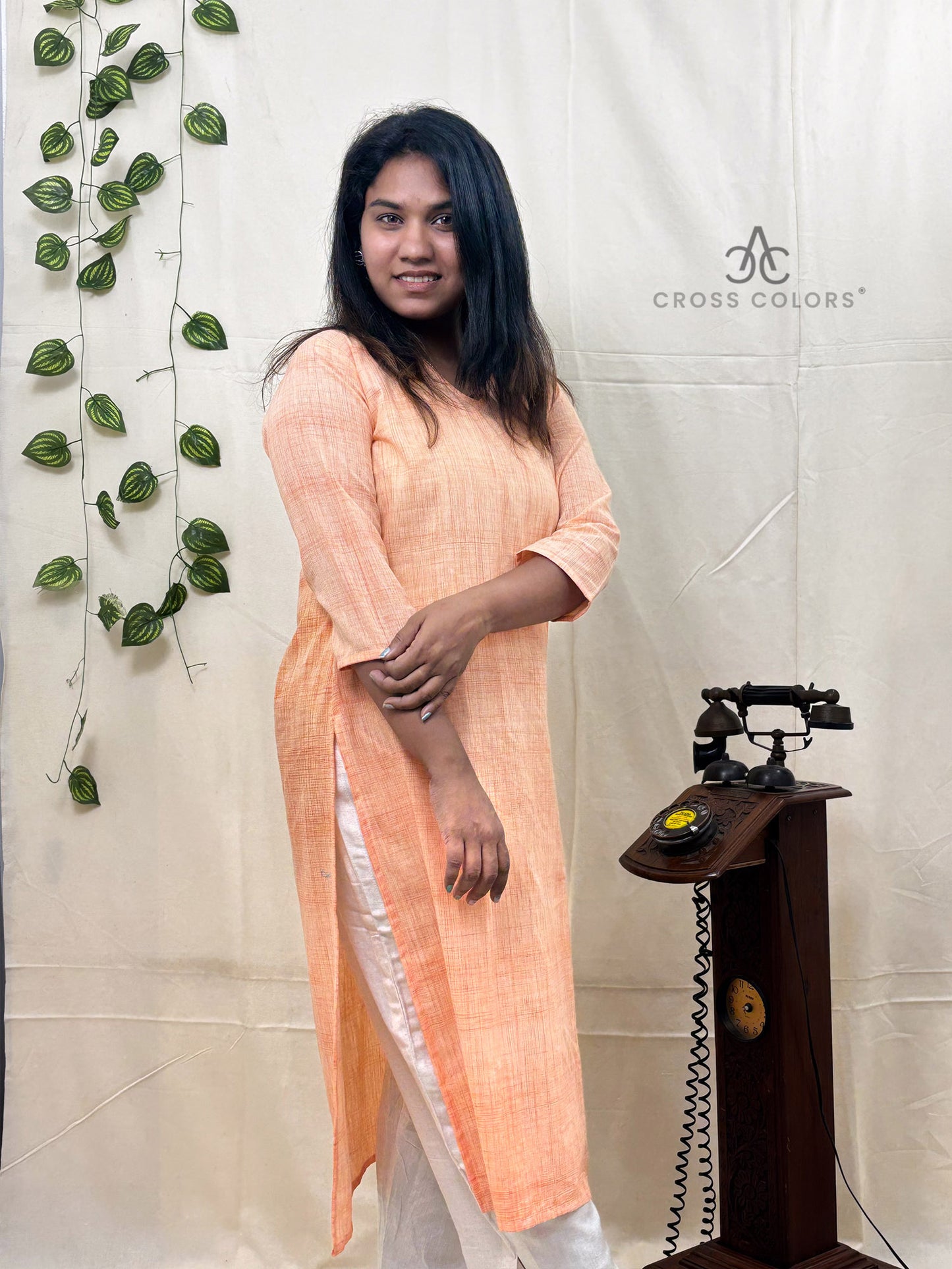 Orange Raindrop Print Straight Kurti | 100% Cotton | 3/4 Sleeve Design