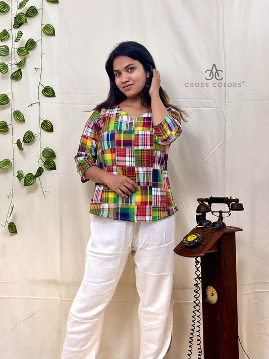 Multicolor Patchwork Short Kurti | 100% Cotton | 3/4 Sleeve Design