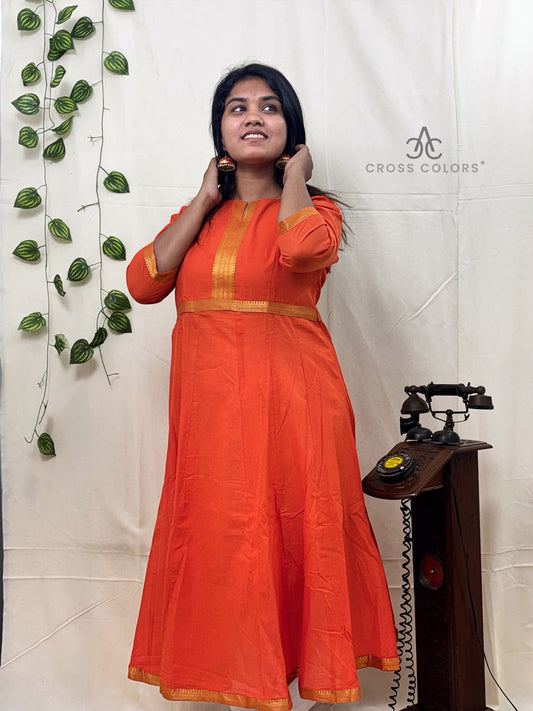 Orange Mangalagiri Zari Border Anarkali Kurti | 100% Cotton | 3/4 Sleeves