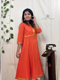 Orange Mangalagiri Zari Border Anarkali Kurti | 100% Cotton | 3/4 Sleeves