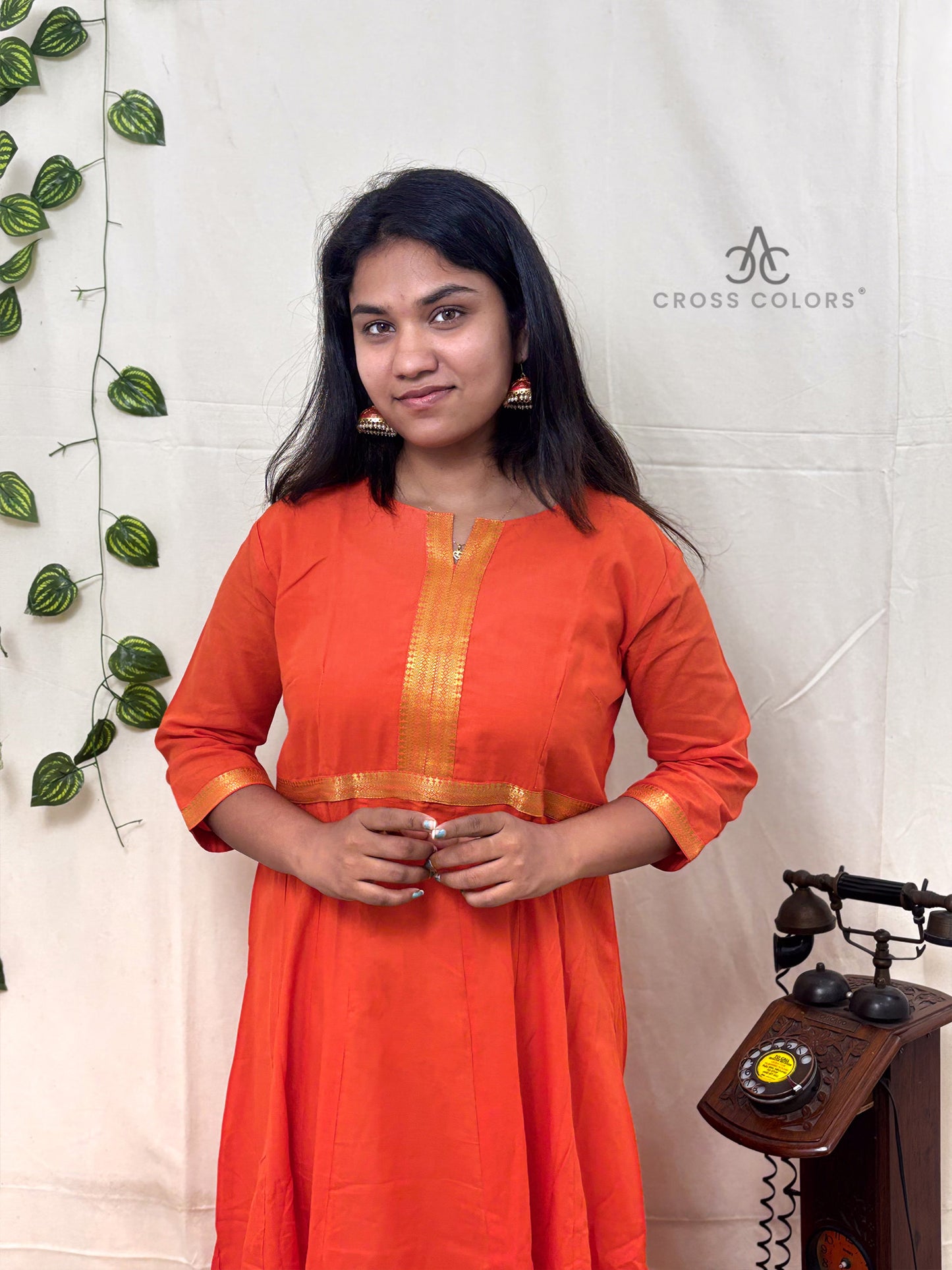 Orange Mangalagiri Zari Border Anarkali Kurti | 100% Cotton | 3/4 Sleeves