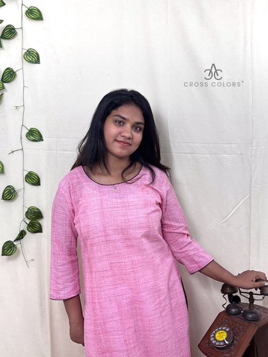 Pink Raindrop Print Straight Kurti with Ikat Patch | 100% Cotton | 3/4 Sleeves