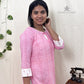 Pink Raindrop Print Straight Kurti with Ikat Patch | 100% Cotton | 3/4 Sleeves