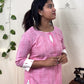 Pink Raindrop Print Straight Kurti with Ikat Patch | 100% Cotton | 3/4 Sleeves