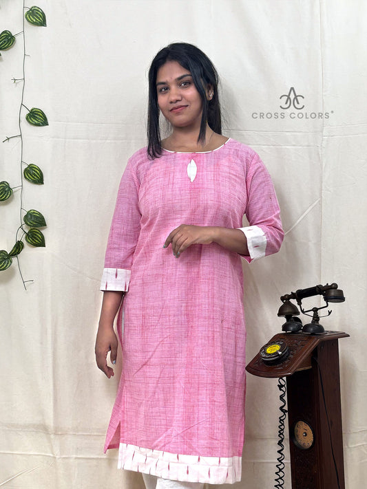 Pink Raindrop Print Straight Kurti with Ikat Patch | 100% Cotton | 3/4 Sleeves