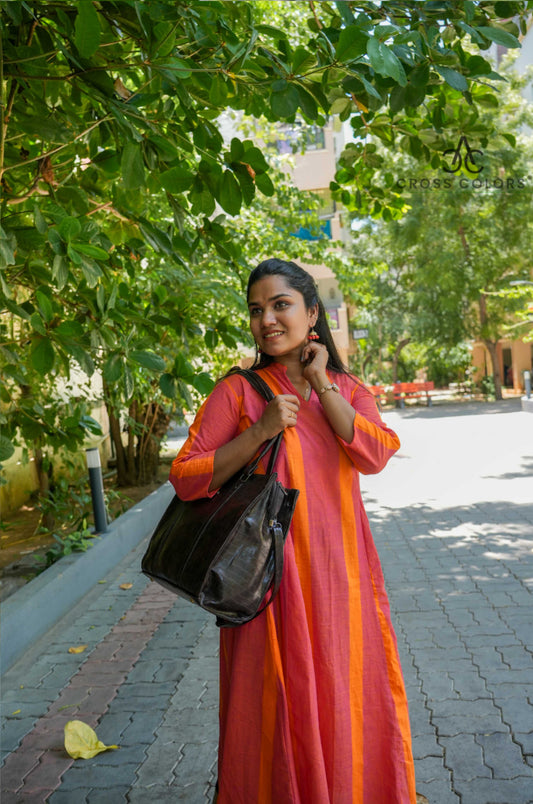 Elegant Pink & Mustard Striped Princess-Cut A-Line Kurti | 100% Handloom Cotton | 3/4 Sleeves