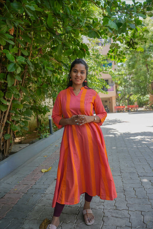 Elegant Pink & Mustard Striped Princess-Cut A-Line Kurti | 100% Handloom Cotton | 3/4 Sleeves