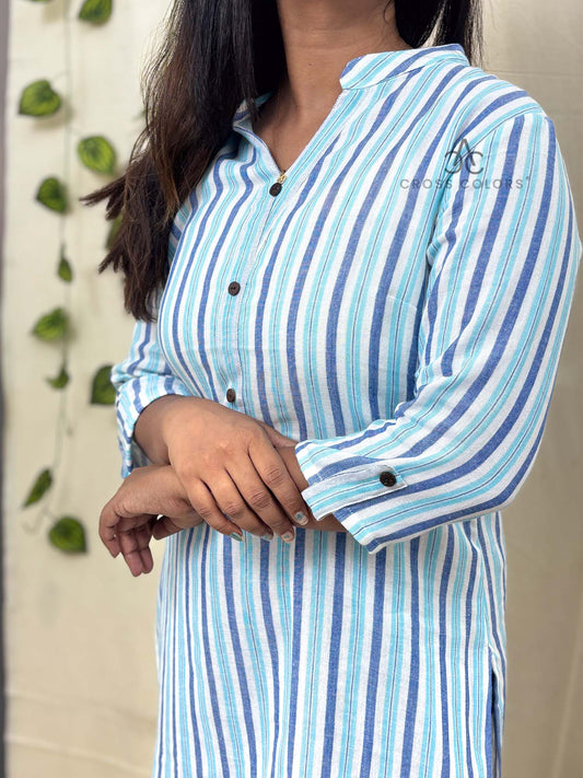 Blue Striped Straight Kurti with Chinese Collar | 100% Cotton | 3/4 Sleeves