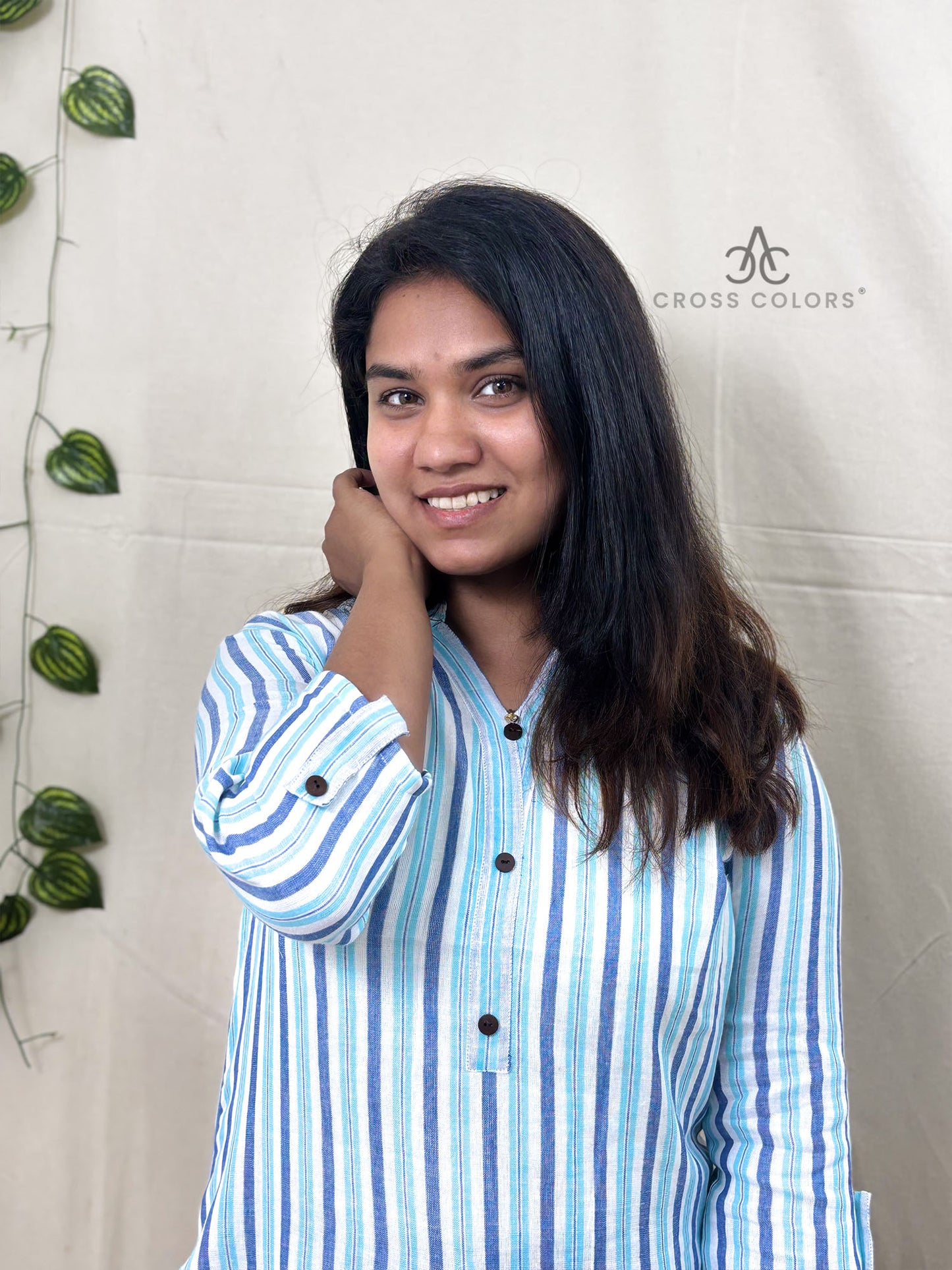 Blue Striped Straight Kurti with Chinese Collar | 100% Cotton | 3/4 Sleeves