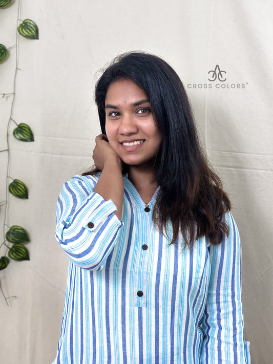 Blue Striped Straight Kurti with Chinese Collar | 100% Cotton | 3/4 Sleeves