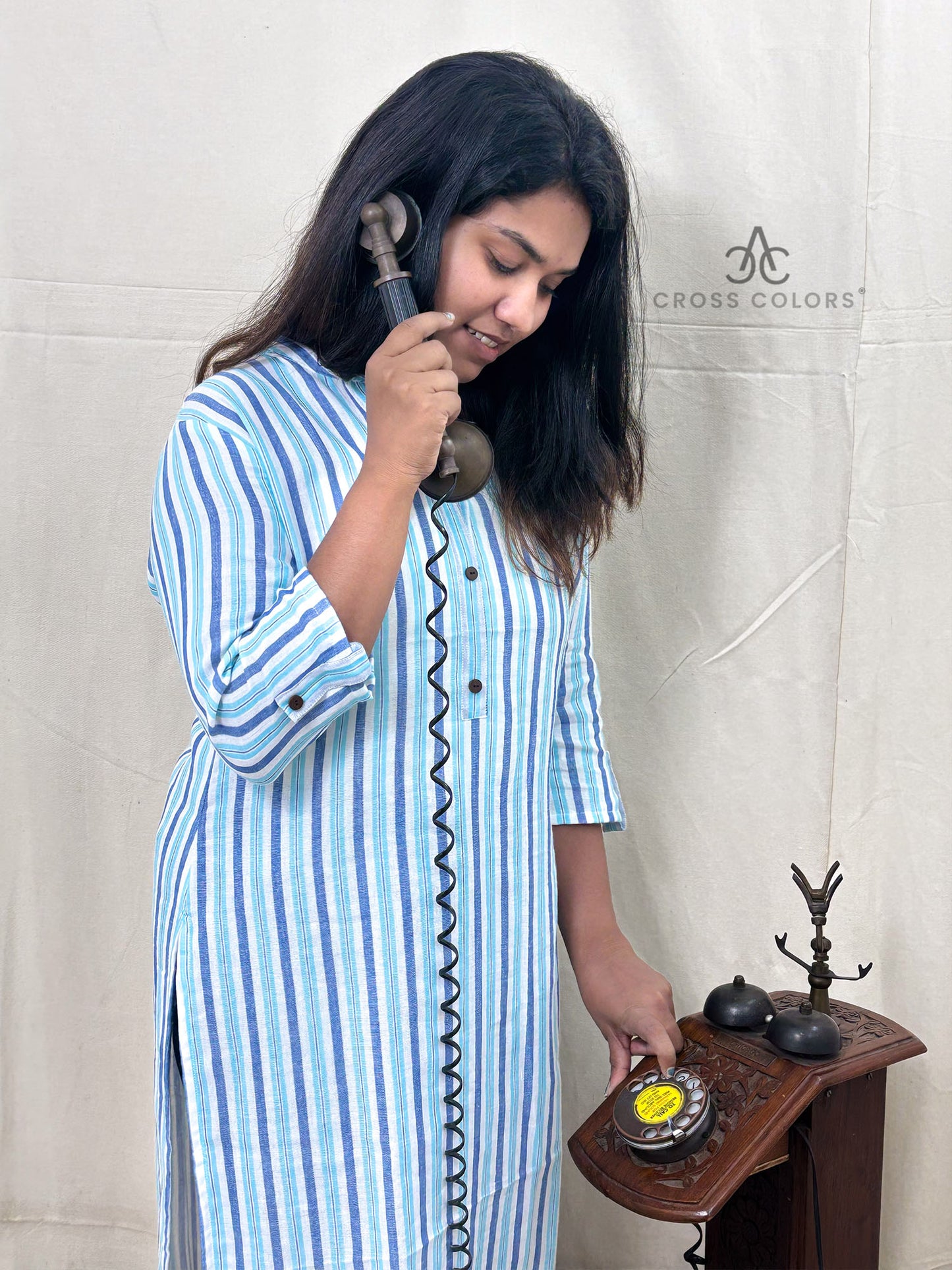 Blue Striped Straight Kurti with Chinese Collar | 100% Cotton | 3/4 Sleeves
