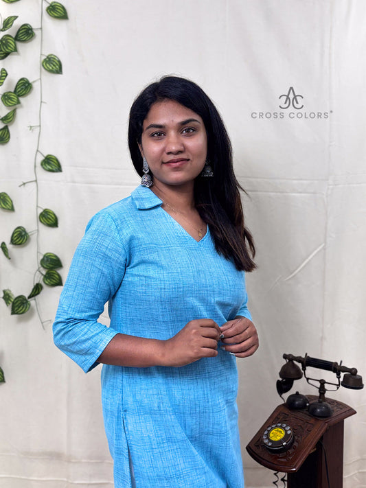 Blue Raindrop Print Straight Kurti | 100% Cotton | 3/4 Sleeves