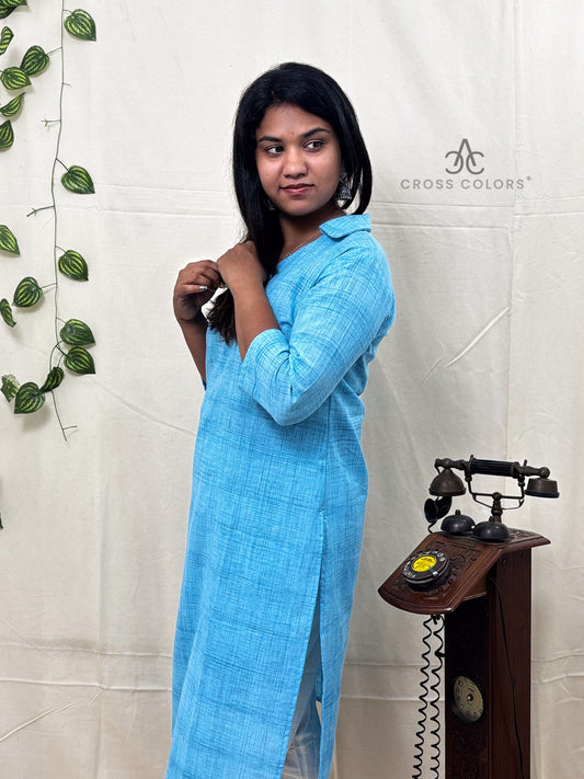 Blue Raindrop Print Straight Kurti | 100% Cotton | 3/4 Sleeves