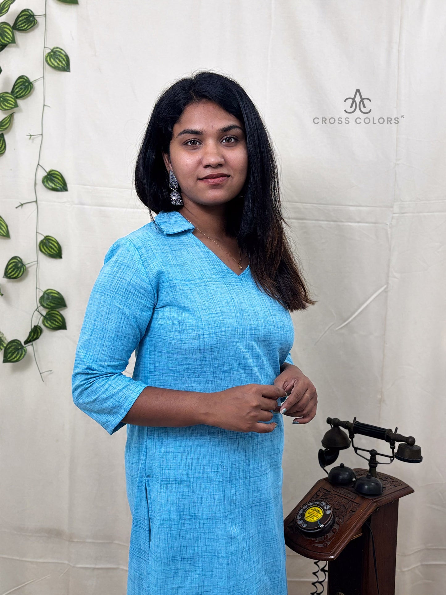 Blue Raindrop Print Straight Kurti | 100% Cotton | 3/4 Sleeves