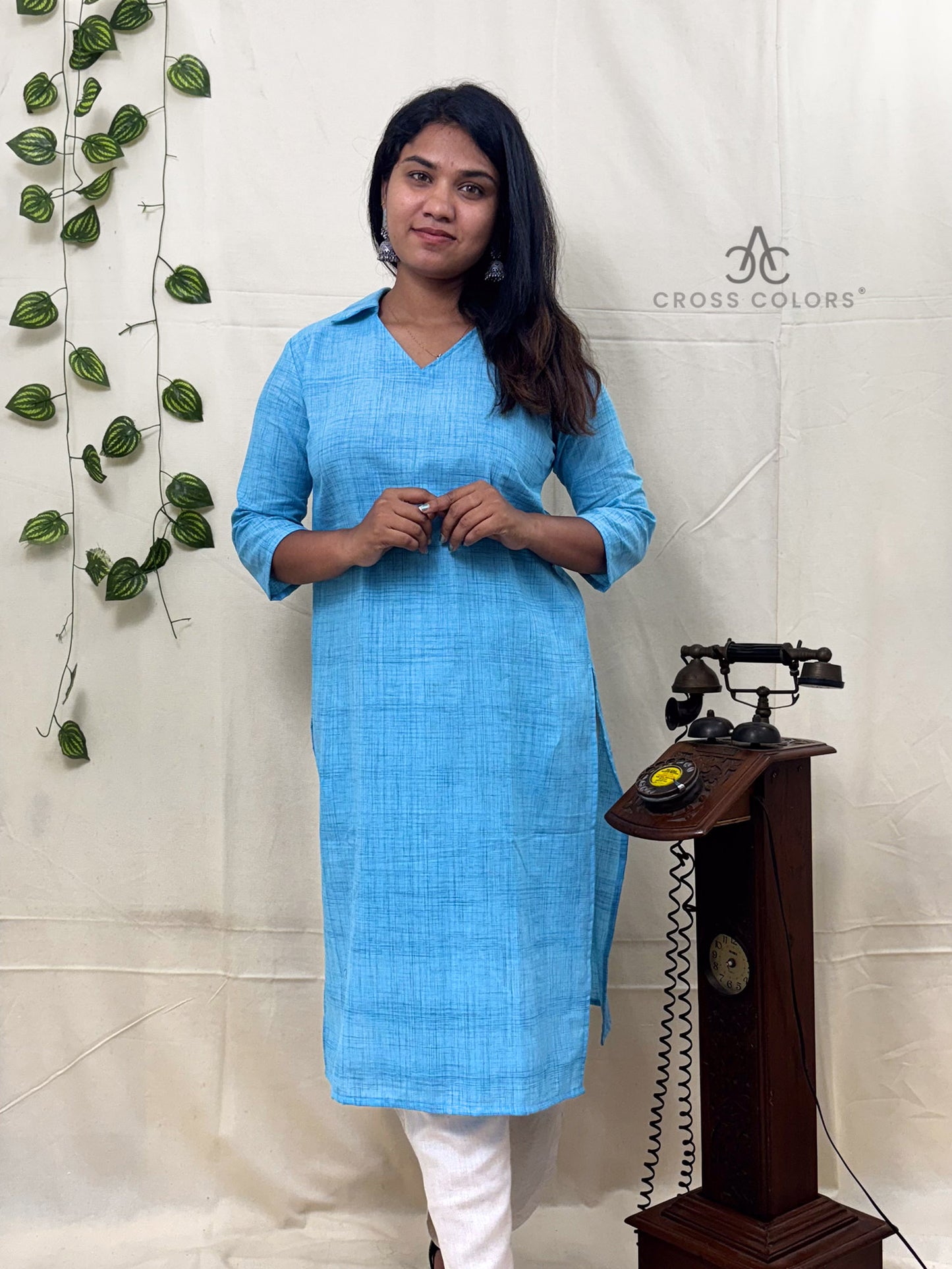 Blue Raindrop Print Straight Kurti | 100% Cotton | 3/4 Sleeves