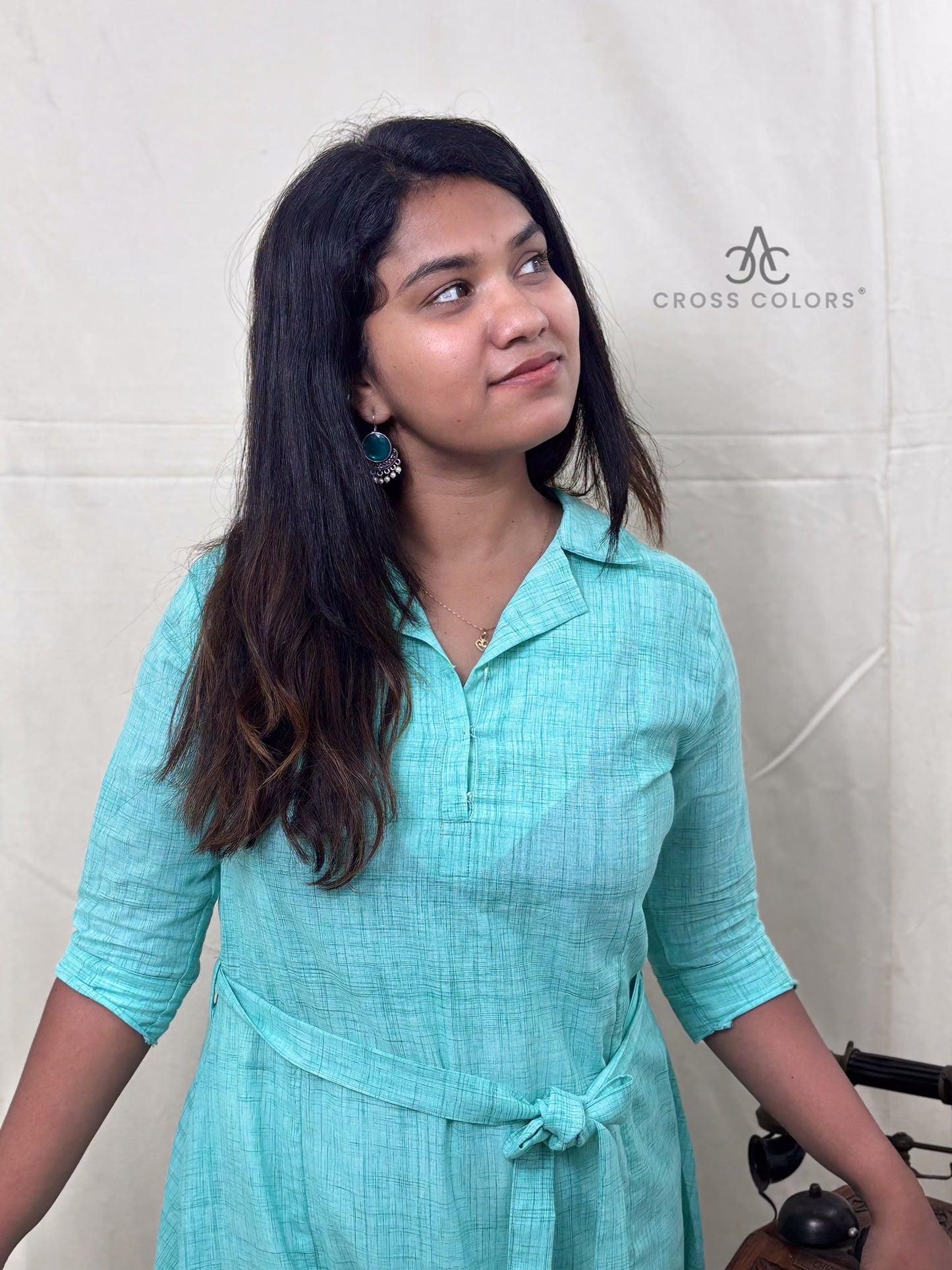 Light Teal Indo-Western Long Dress with Hip Belt | 100% Cotton ✅