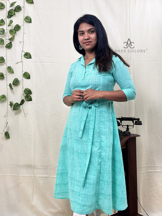 Light Teal Indo-Western Long Dress with Hip Belt | 100% Cotton ✅