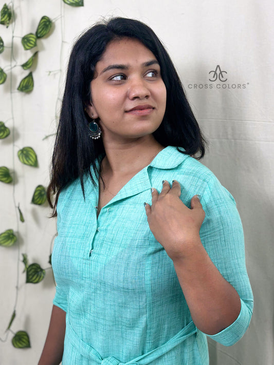 Light Teal Indo-Western Long Dress with Hip Belt | 100% Cotton ✅
