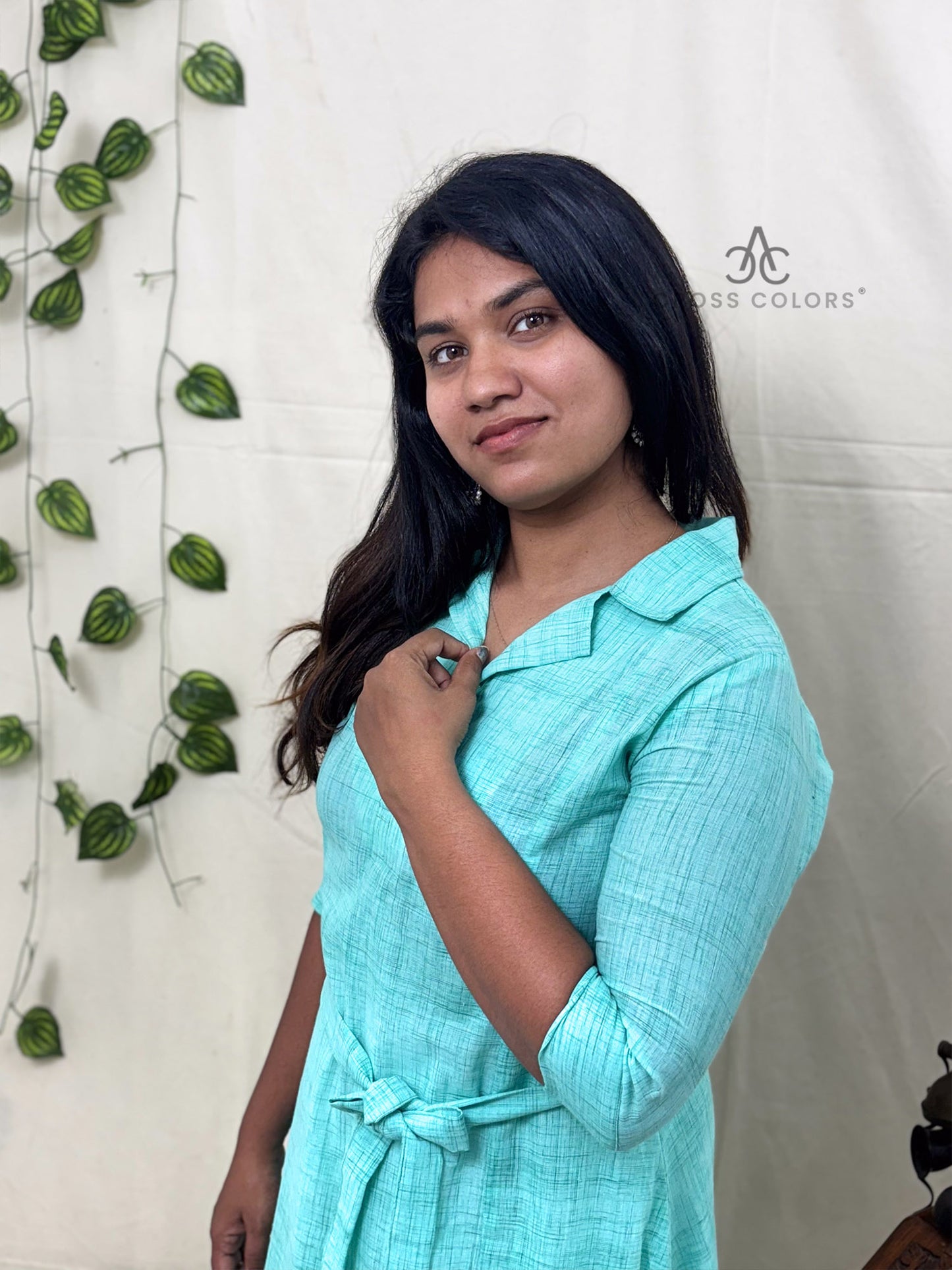 Light Teal Indo-Western Long Dress with Hip Belt | 100% Cotton ✅