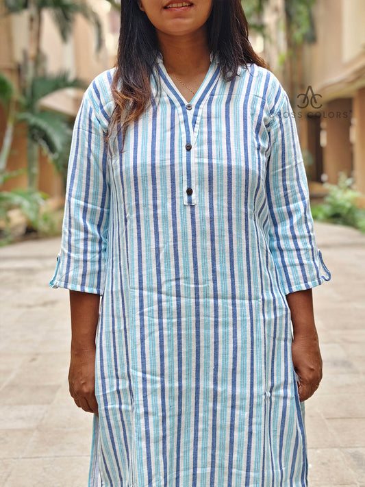 Chinese Collar Striped Kurti – Stylish 3/4 Sleeve Straight Fit for Everyday Elegance
